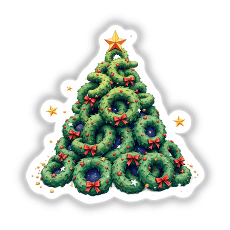 Wreaths Christmas Tree design, featuring a creative arrangement of wreaths with bows, available as unique stickers or digital artwork from Decal Venue, showcasing festive holiday decor.