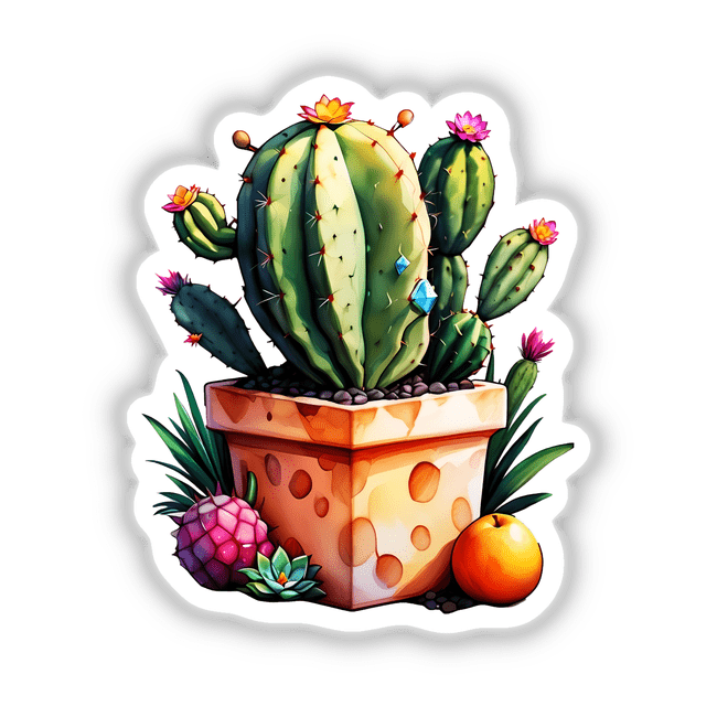 Exotic Tropical Cactus Sticker featuring a potted cactus design, ideal for botanical art lovers. Available as a sticker or digital artwork from Decal Venue, known for unique stickers and digital art.