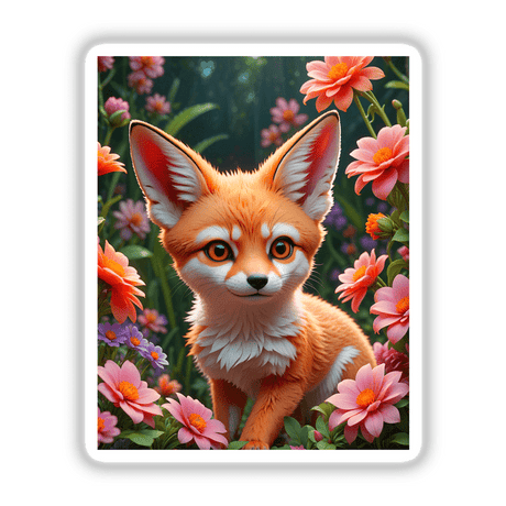 A Cute Fennec Fox In A Blooming Garden artwork featuring a playful fox nestled among vibrant flowers, available as stickers and digital prints from Decal Venue.