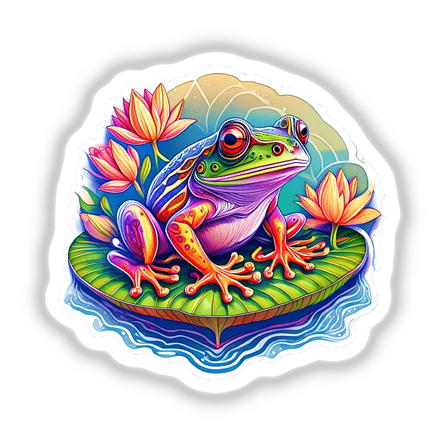 Colorful digital illustration of a vibrant tree frog on a lily pad surrounded by bright flowers and a rippling water surface