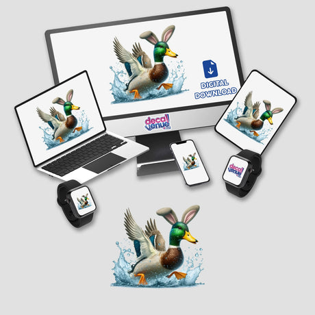 Mallard Duck w Bunny Ears Splashing depicted on screens of a computer monitor, laptop, smartphone, and smartwatch, available as stickers or digital artwork from Decal Venue.