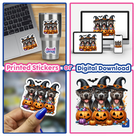 Halloween Trick or Treat Pitbull Trio Dogs sticker featuring three dogs in hats with pumpkins and candy, available as stickers or digital artwork.