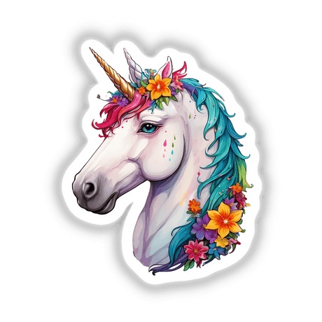 Unicorn with flowers on its mane, available as stickers or digital artwork from Decal Venue. The sketch-style cartoon features detailed floral accents, emphasizing the enchanting and whimsical nature of the unicorn.