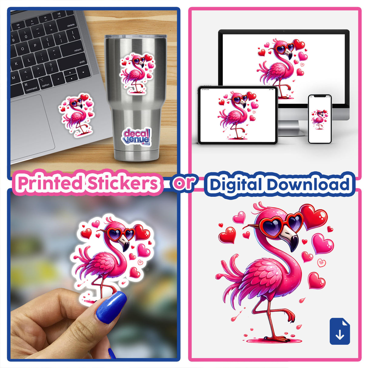 Collage showcasing Dripping with Love Flamingo stickers and digital art, featuring a cartoon flamingo wearing sunglasses, ideal for laptops, cups, and more.