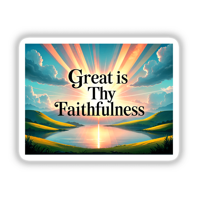 Great Is Thy Faithfulness Christian Quote displayed on a serene sunset lake background, available as stickers or digital artwork.