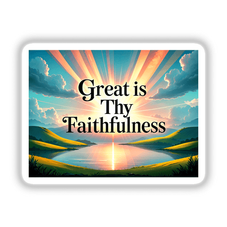 Great Is Thy Faithfulness Christian Quote displayed on a serene sunset lake background, available as stickers or digital artwork.