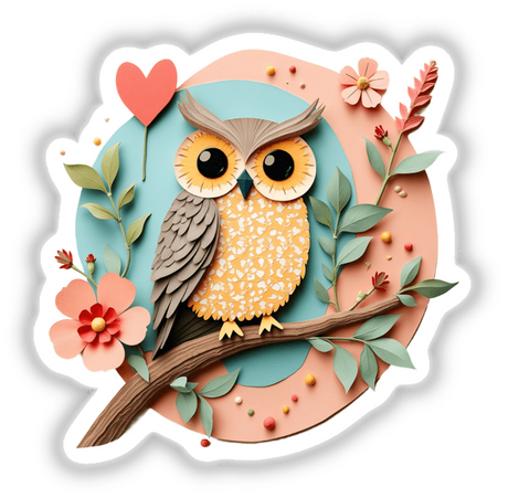 Whimsical Owl Paper Collage Art in Pastel Colors featuring a cartoon owl perched on a branch, available as stickers or digital artwork.