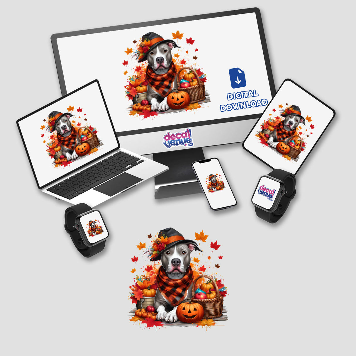 Autumn Fall Scene Pitbull Dog depicted on a computer monitor and laptop, adorned with a hat and scarf, surrounded by pumpkins, available as stickers or digital artwork from Decal Venue.