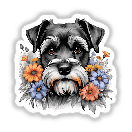 Charming Schnauzer dog portrait surrounded by vibrant floral arrangements, featuring digital artwork design.