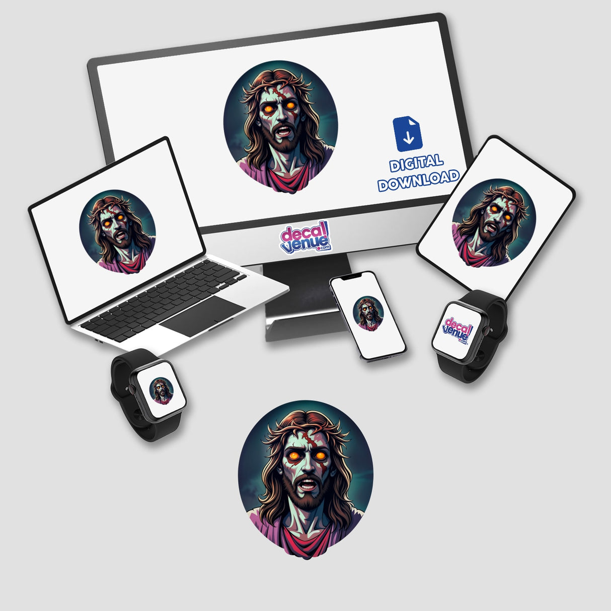 Jesus Christ As A Zombie artwork displayed on a computer monitor and laptop, showcasing a cartoon figure with long hair and beard, available as stickers or digital artwork.