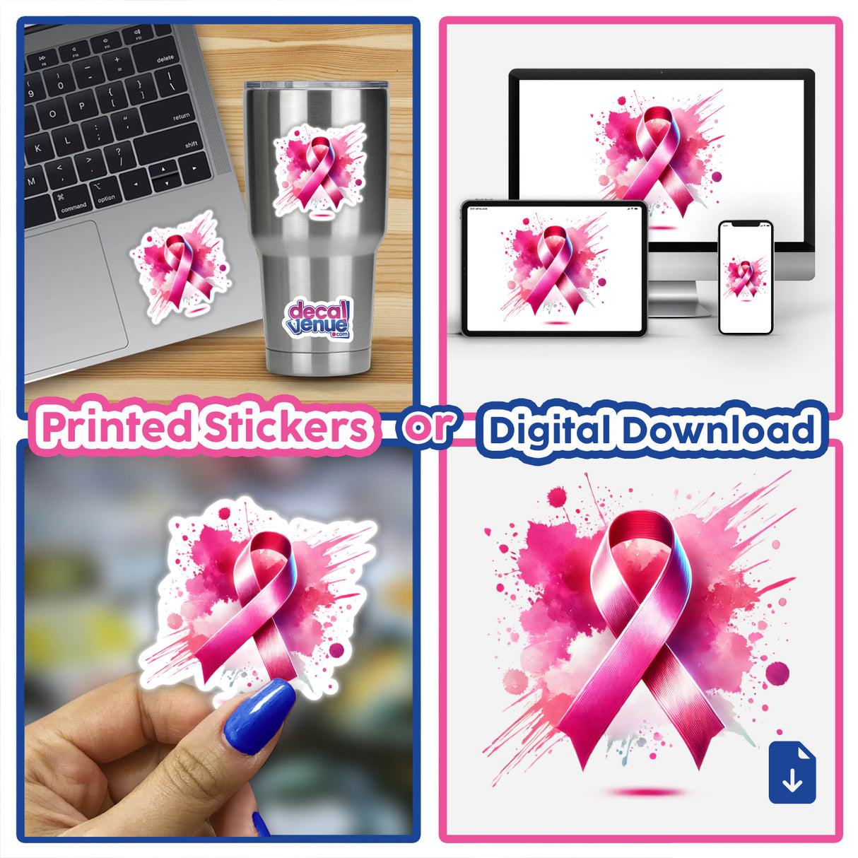 Watercolor Splash Pink Ribbon Breast Cancer Awareness collage featuring pink ribbons, a laptop, and close-ups of a finger and cup, available as stickers or digital artwork from Decal Venue.