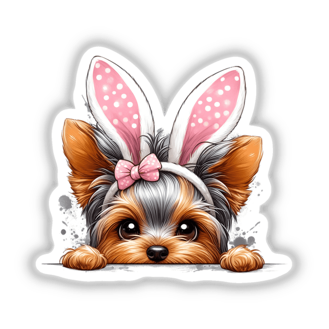 Peeking Easter Yorkie Bunny: A whimsical cartoon of a Yorkie dog adorned with bunny ears, available as stickers or digital artwork from Decal Venue. Perfect for adding a playful touch to any surface.