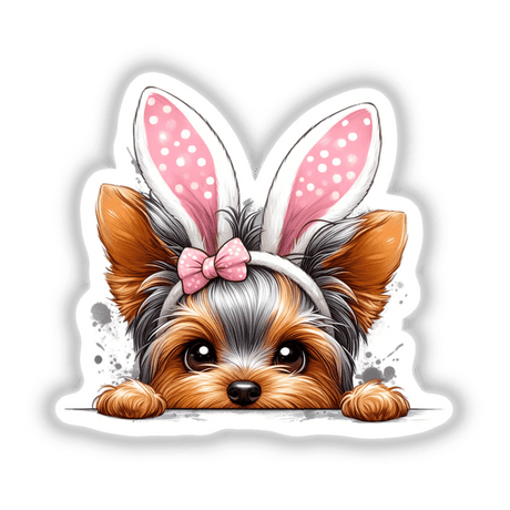 Peeking Easter Yorkie Bunny: A whimsical cartoon of a Yorkie dog adorned with bunny ears, available as stickers or digital artwork from Decal Venue. Perfect for adding a playful touch to any surface.