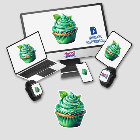 Delectable mint cupcake digital art with green cream frosting and leaves, featured on various digital devices from the Decal Venue store.