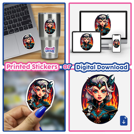 An Evil Queen Anime Girl sticker collage showcasing various poses, including a hand holding the sticker and a laptop with her image, available as unique vinyl stickers or digital artwork.