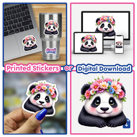 Sweet Panda Wearing a Flower Crown sticker collage featuring multiple pandas adorned with floral crowns, suitable for laptops or cups, highlighting Decal Venue's unique sticker and digital art offerings.