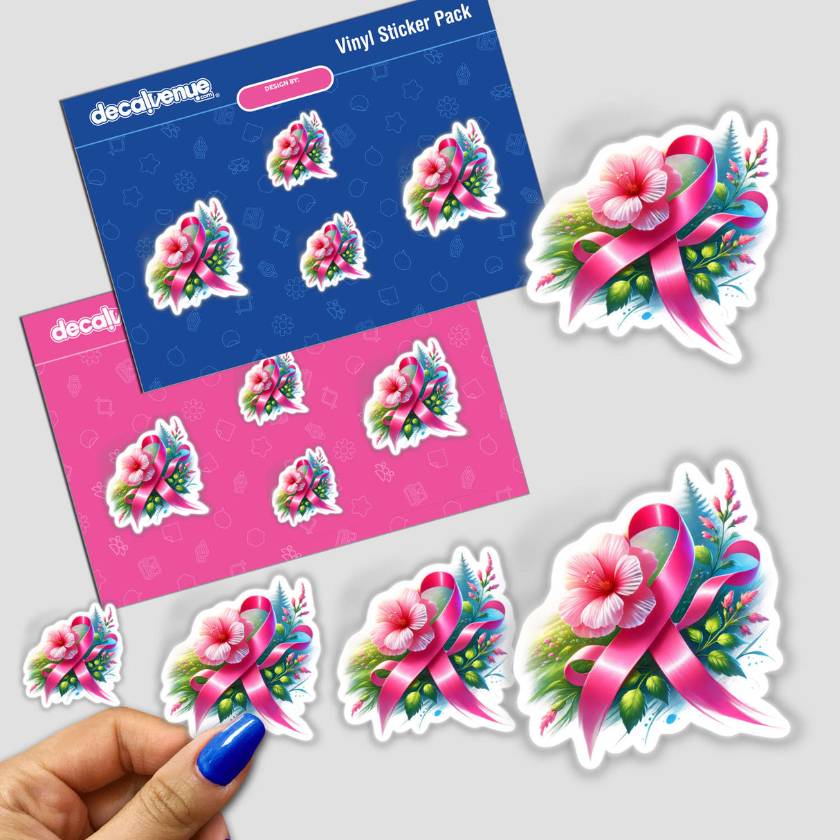 Blooming Flower with Breast Cancer Pink Ribbon sticker features a detailed pink ribbon intertwined with vibrant flowers and leaves, available as a sticker or digital artwork.