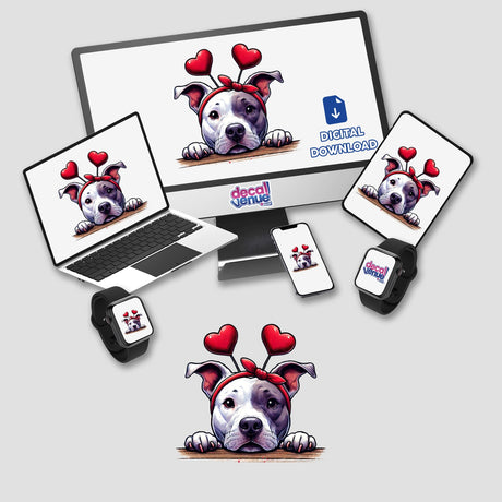 Peeking Eye Patch Heart Pitbull Dog image displayed on a laptop and desktop, featuring cartoon-style graphics. Available as stickers or digital artwork, perfect for unique decor from Decal Venue.