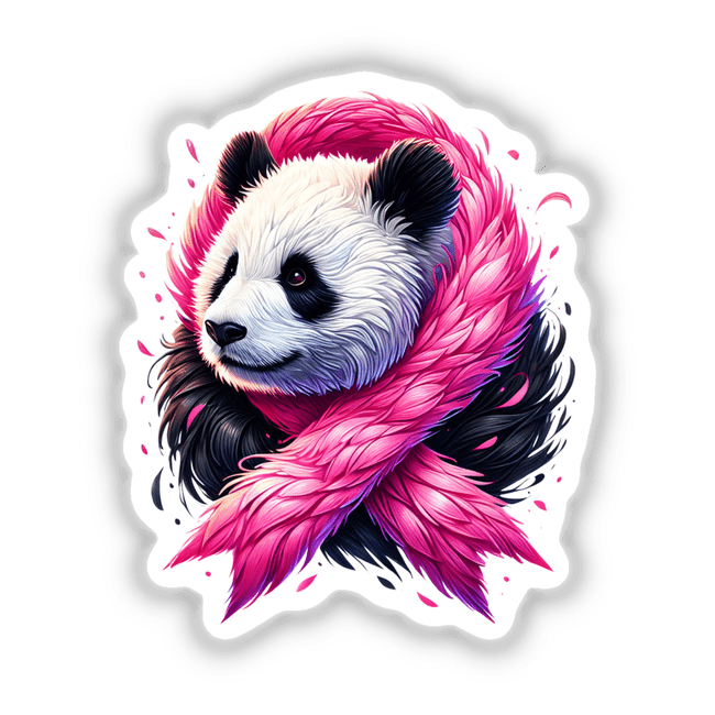 Panda Pink Ribbon Breast Cancer sticker featuring a panda with a pink scarf around its neck, available as a unique sticker or digital artwork.