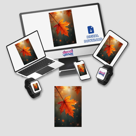 Vibrant Autumn Maple Leaf iPhone Wallpaper displayed on a laptop, monitor, tablet, and phone, available as Stickers or Common Rights Download from Decal Venue.