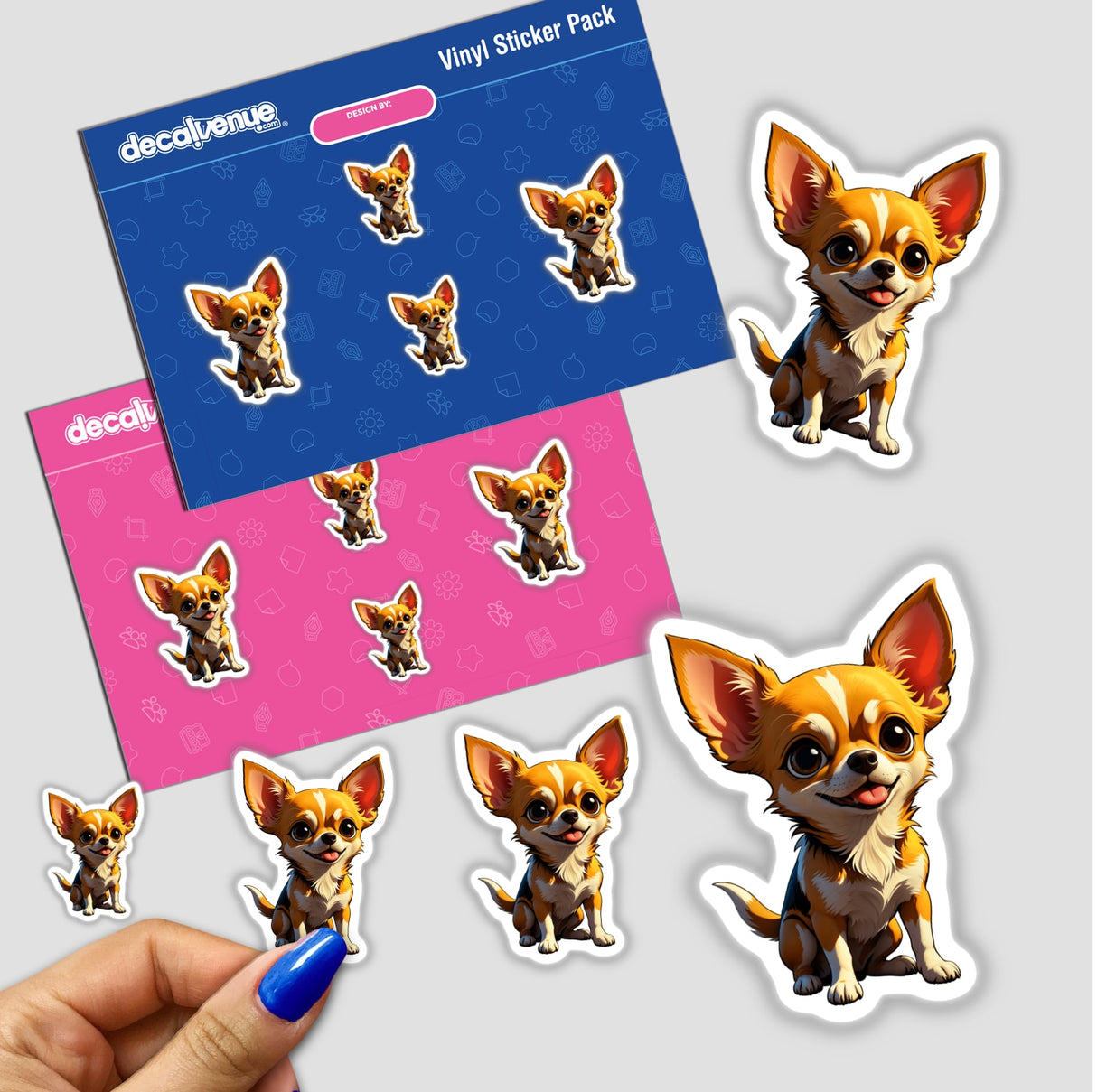 A Cute Chihuahua sticker featuring a cartoon dog with big ears, ideal for decorating personal items. Available as a vinyl sticker or digital artwork from Decal Venue.