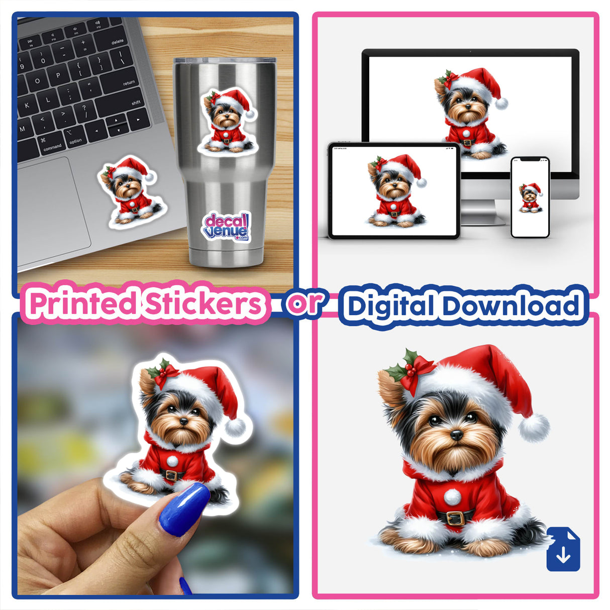 Christmas Yorkie Dog in Santa Outfit displayed as a collage on a tumbler, laptop sticker, and digital artwork, highlighting its playful and festive design.