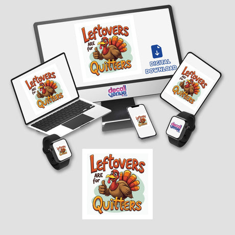 Leftovers are for Quitters Thanksgiving Sticker & Clipart featuring a cartoon turkey giving a thumbs up on a computer monitor and laptop, available as stickers or digital artwork.