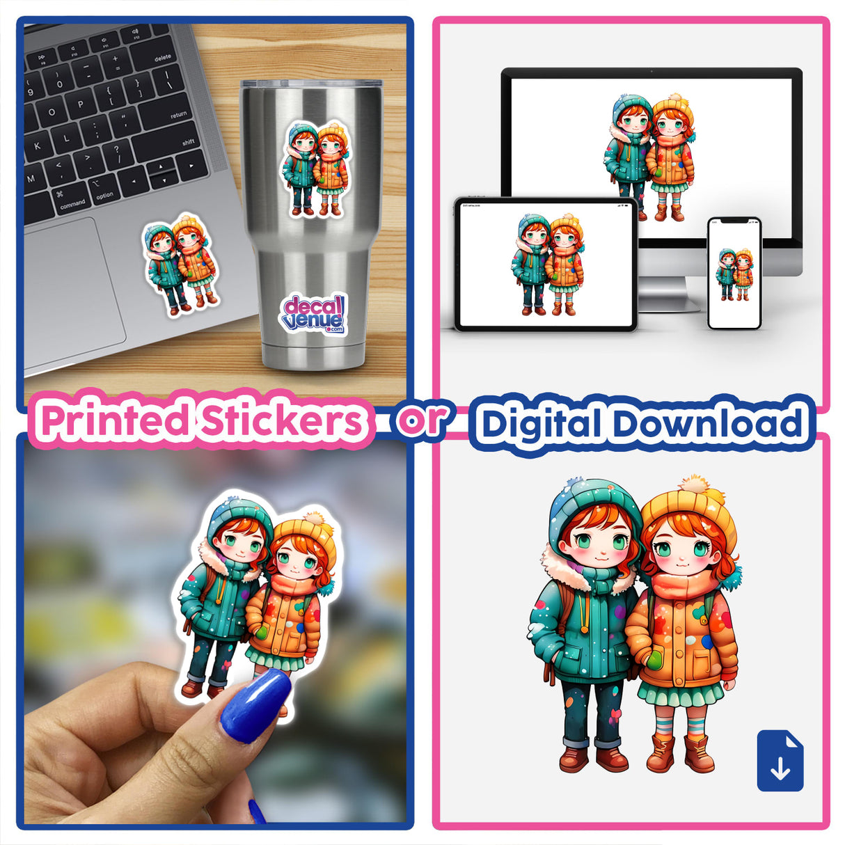 Kawaii LGBTQ Couple in Winter Wear Sticker featuring cute cartoon characters in cozy coats, ideal for laptops or cups. Available as stickers or digital artwork.