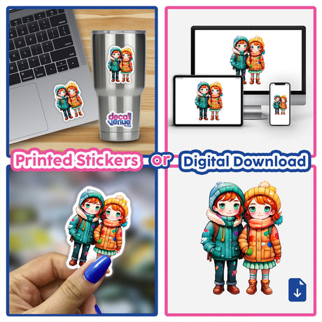 Kawaii LGBTQ Couple in Winter Wear Sticker featuring cute cartoon characters in cozy coats, ideal for laptops or cups. Available as stickers or digital artwork.