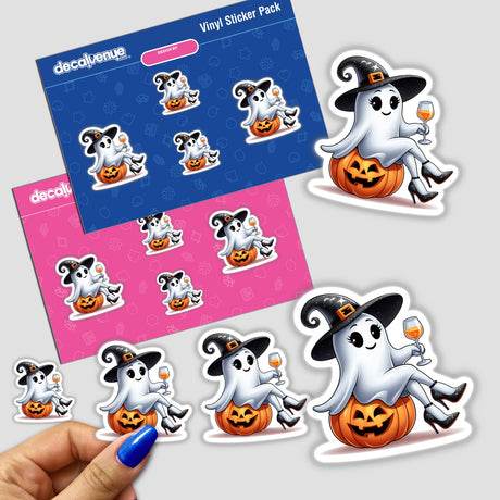 Sassy Halloween Ghost Witch w/ Wine Glass II sticker pack featuring a cartoon ghost sitting on a pumpkin, holding a wine glass. Available as stickers or digital artwork.