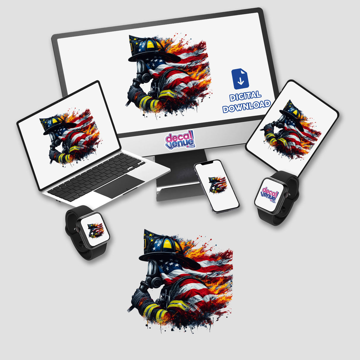 Vibrant American flag-inspired digital artwork with firefighter gear, available as a sticker or digital download from the Decal Venue store.