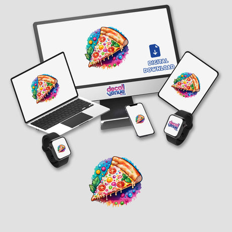 Melting pizza artwork displayed on a computer monitor and laptop, available as stickers or digital art from Decal Venue.