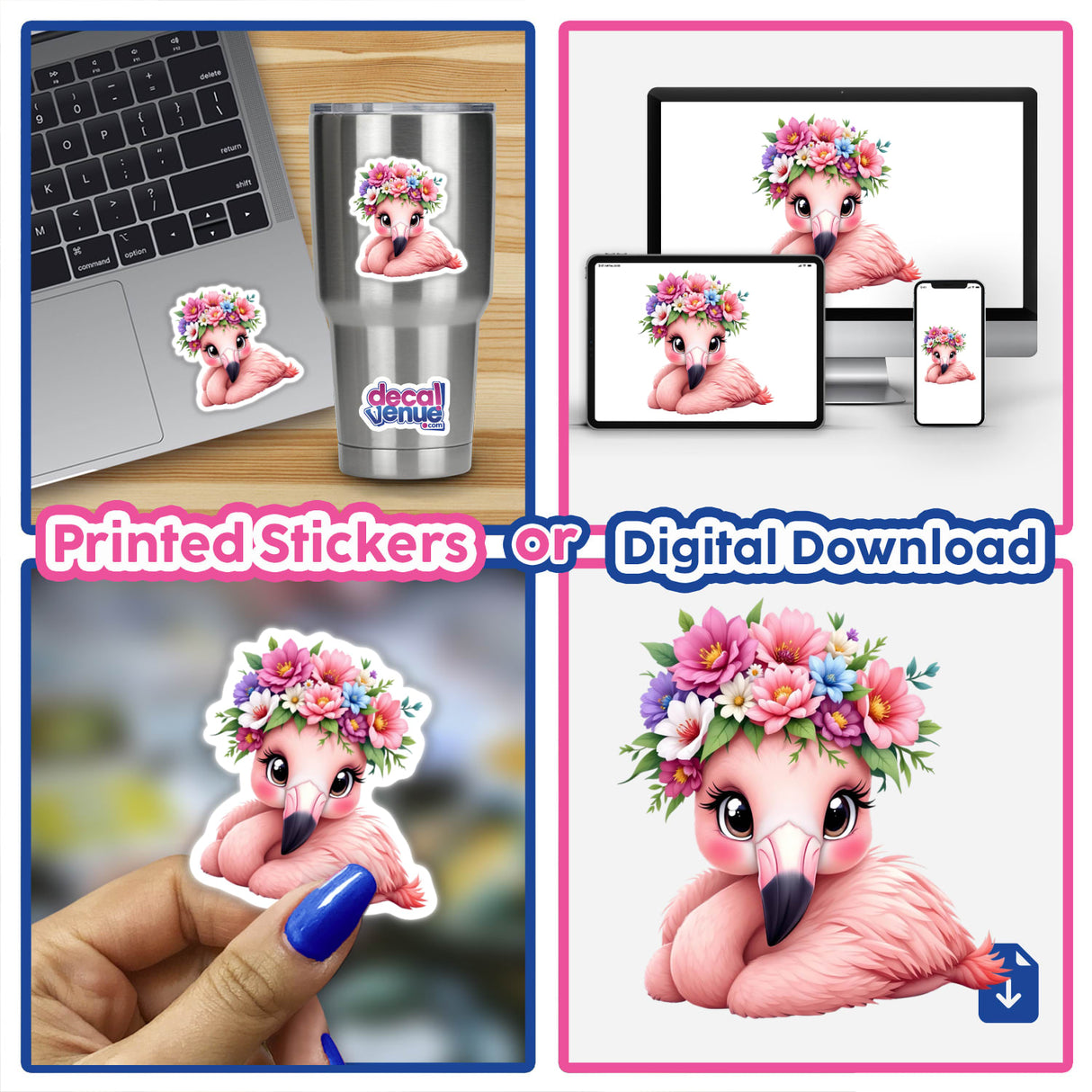 Adorable Flamingo with a Flower Crown collage featuring stickers on various surfaces, including a laptop and cup, highlighting Decal Venue's unique sticker and digital art offerings.