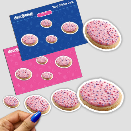 Oval Shaped Cookie with Pastel Pink and Purple Dots sticker pack, featuring various cookie designs with pink frosting and colorful decorations. Available as Stickers or Digital Artwork.