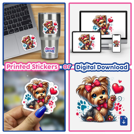 Valentine Yorkie Dog Hearts featuring a cartoon Yorkie with a bow in various settings, available as stickers or digital artwork from Decal Venue.