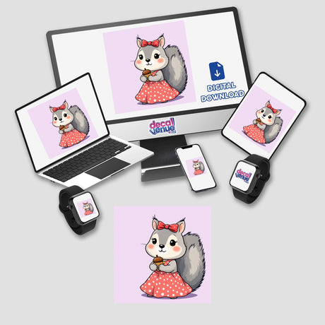 Squirrel in Polka-Dot Dress with Acorn displayed on a computer monitor and laptop, showcasing a whimsical cartoon illustration available as unique stickers or digital artwork from Decal Venue.