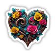 Bronze Swirl Floral Heart with Yellow and Pink Roses, featuring intricate floral designs with roses and leaves, available as unique stickers or digital artwork from Decal Venue.