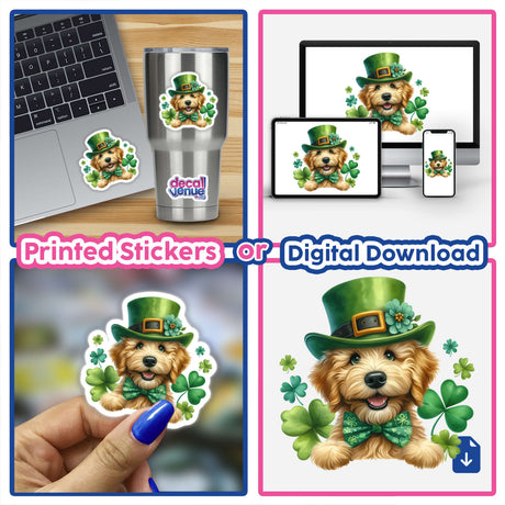 Watercolor Peeking St. Patrick's Goldendoodle Dog sticker featuring a whimsical Goldendoodle in a hat and bow tie, perfect for decorating laptops or notebooks.