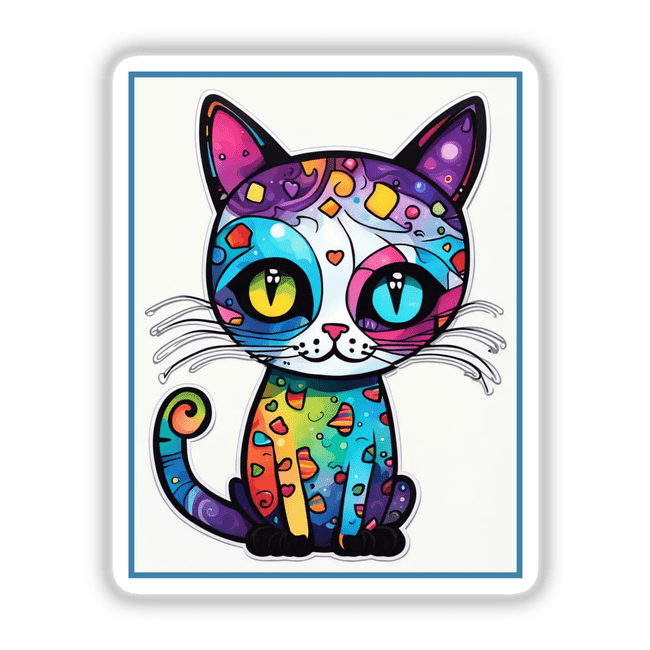 Cat of Many Colors: A vibrant cartoon cat with intricate patterns, available as stickers or digital artwork. Perfect for adding a playful touch to your collection.