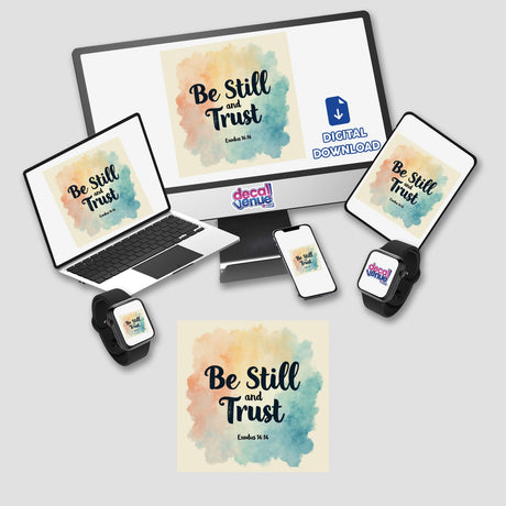 Be Still and Trust – Exodus 14:14 Christian Sticker or Clipart depicted on a laptop and phone screen, showcasing its digital format and versatility for commercial use.