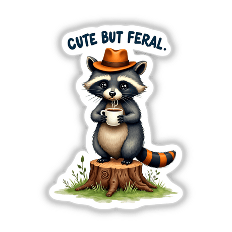 Cartoon raccoon holding coffee with Cute But Feral Raccoon Quote, available as stickers or digital artwork from Decal Venue, specializing in unique stickers and digital art.