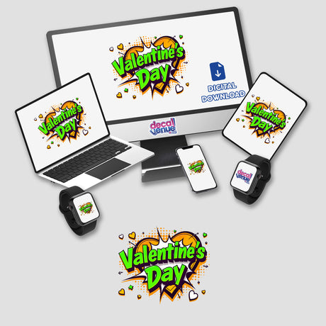 Valentine's Day Love Heart design featuring a laptop, monitor, and smart watch, available as stickers or digital artwork, highlighting a unique decal style from Decal Venue.