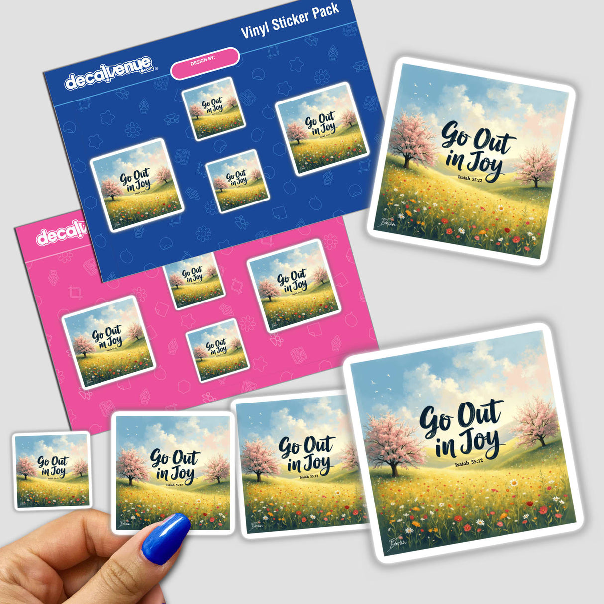 Hand holding Go Out in Joy – Isaiah 55:12 Bible Verse Sticker Pack, featuring cards with words and floral designs, available as stickers or digital artwork with commercial rights.