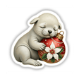 Seal Pup Sleeping on Christmas Ornament: A charming cartoon image featuring a white seal pup peacefully resting on a festive red and gold ornament, available as stickers or digital artwork.