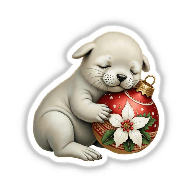 Seal Pup Sleeping on Christmas Ornament: A charming cartoon image featuring a white seal pup peacefully resting on a festive red and gold ornament, available as stickers or digital artwork.