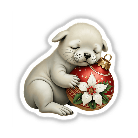 Seal Pup Sleeping on Christmas Ornament: A charming cartoon image featuring a white seal pup peacefully resting on a festive red and gold ornament, available as stickers or digital artwork.