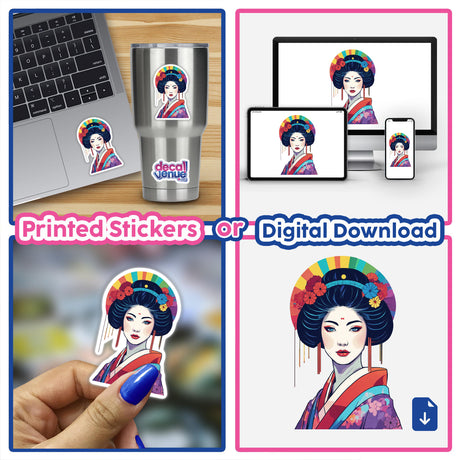 Collage featuring a retro geisha illustration available as stickers or digital artwork, showcasing her with colorful hair and flowers, perfect for laptops and nails.