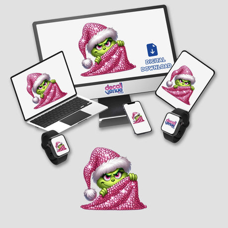 Sparkle Peeking Mean Green Santa Grouch on a computer monitor and laptop, available as stickers or digital artwork. The cartoon character is also displayed on a smartwatch and tablet.