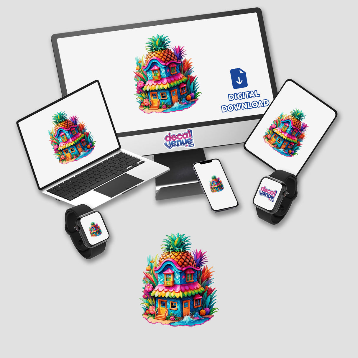 Pineapple Paradise: Psychedelic Rainbow House Sticker displayed on a computer monitor and laptop, showing a colorful house with a pineapple on top. Available as stickers or digital artwork.