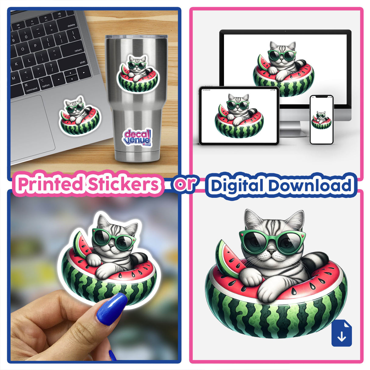 Cool Cat on Watermelon Pool Float - Vibrant digital artwork featuring a playful cat lounging on a watermelon pool float, available as printed stickers or digital download from DecalVenue.